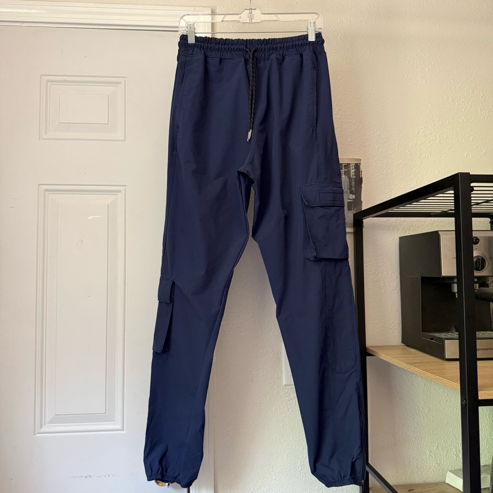BYKIY blue mens cargo elastic‎ drawstring waist cropped jogger pants